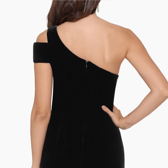Betsy & Adam Long Velvet Sleeveless One Cold Shoulder Stretch Sheath Gown NWT - Picture 12 of 12
